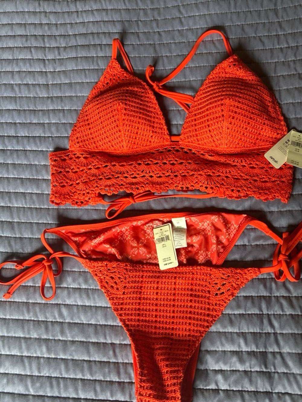 aerie Floral Crochet Tie-Side Bikini in Vibrant Orange-Red
